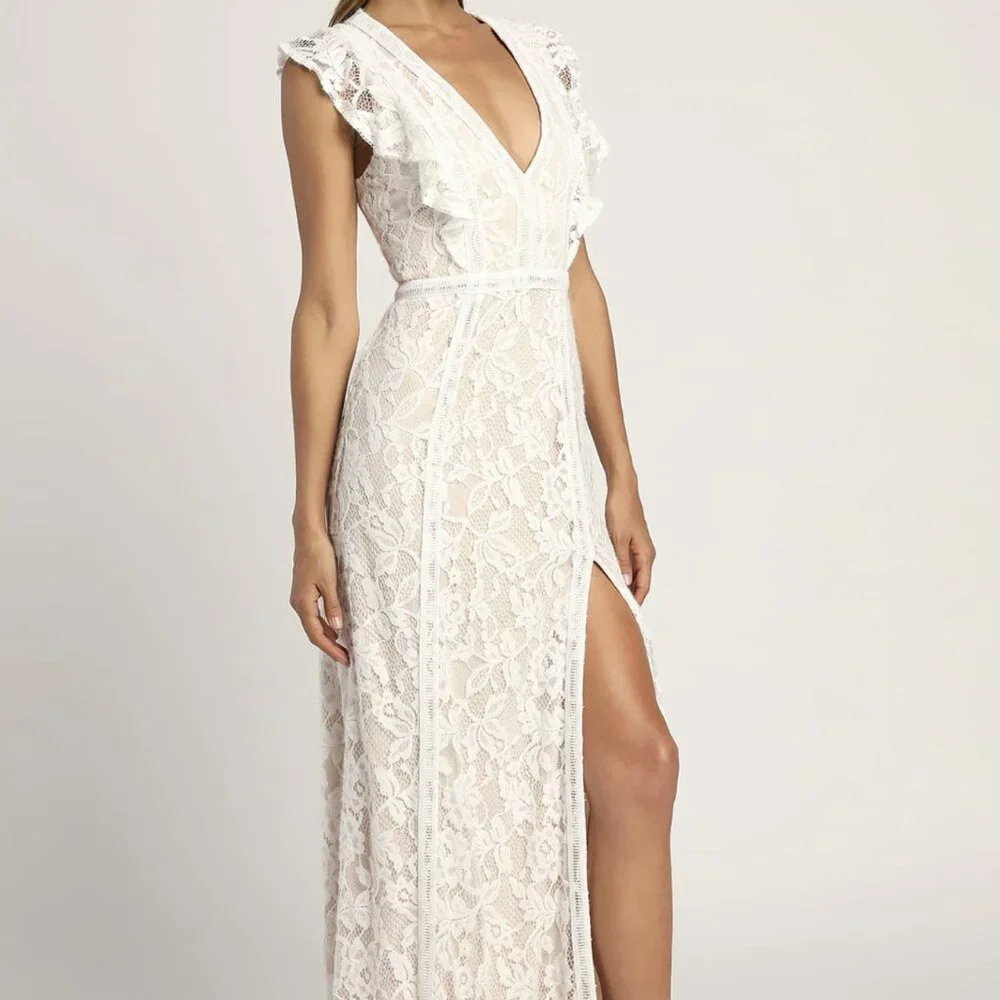 NWT Lulus This Moment in Time White Lace Ruffled Maxi Dress - Picture 3 of 9